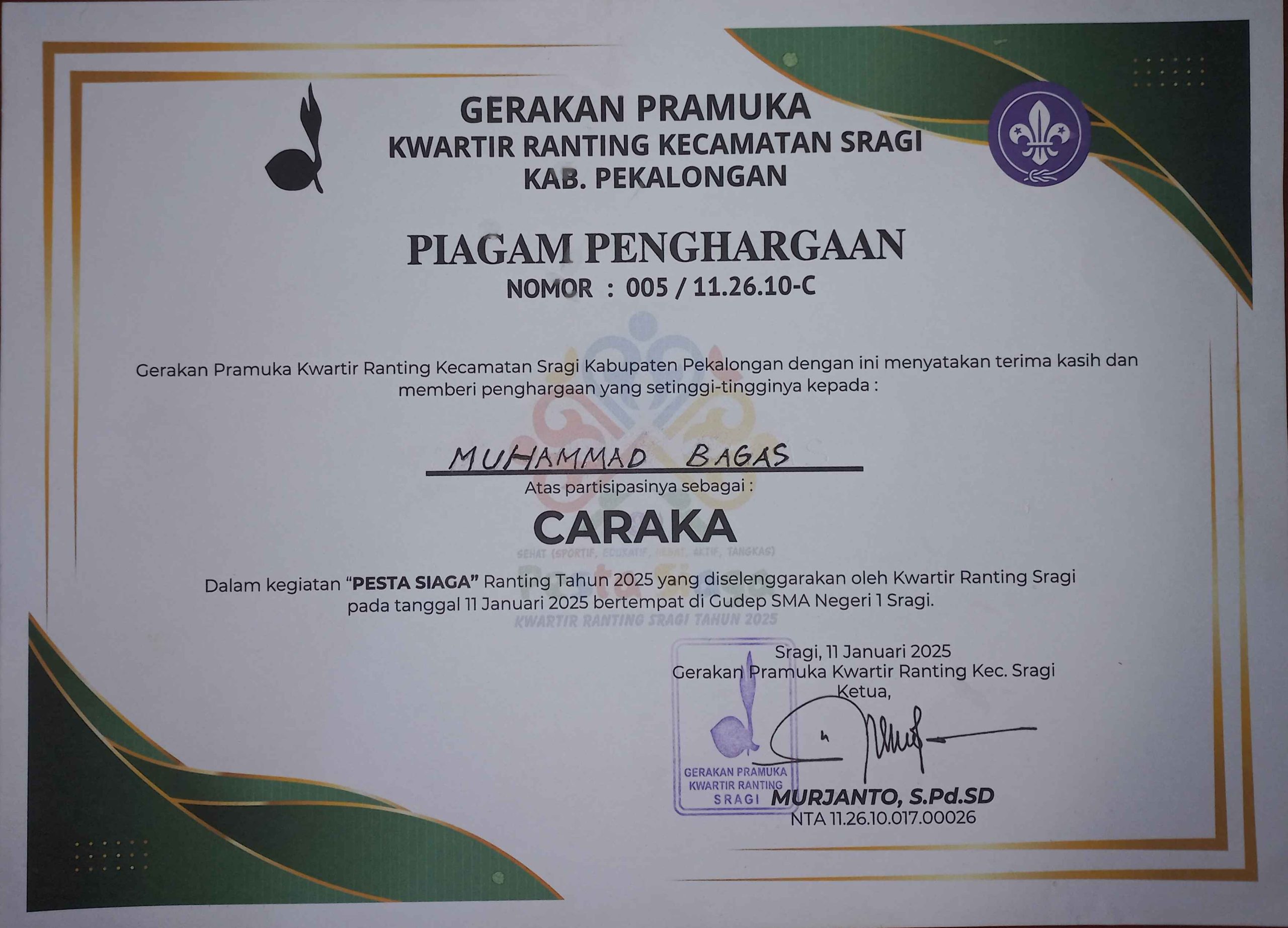 Sertifikat Menjadi Caraka Pramuka Ranting