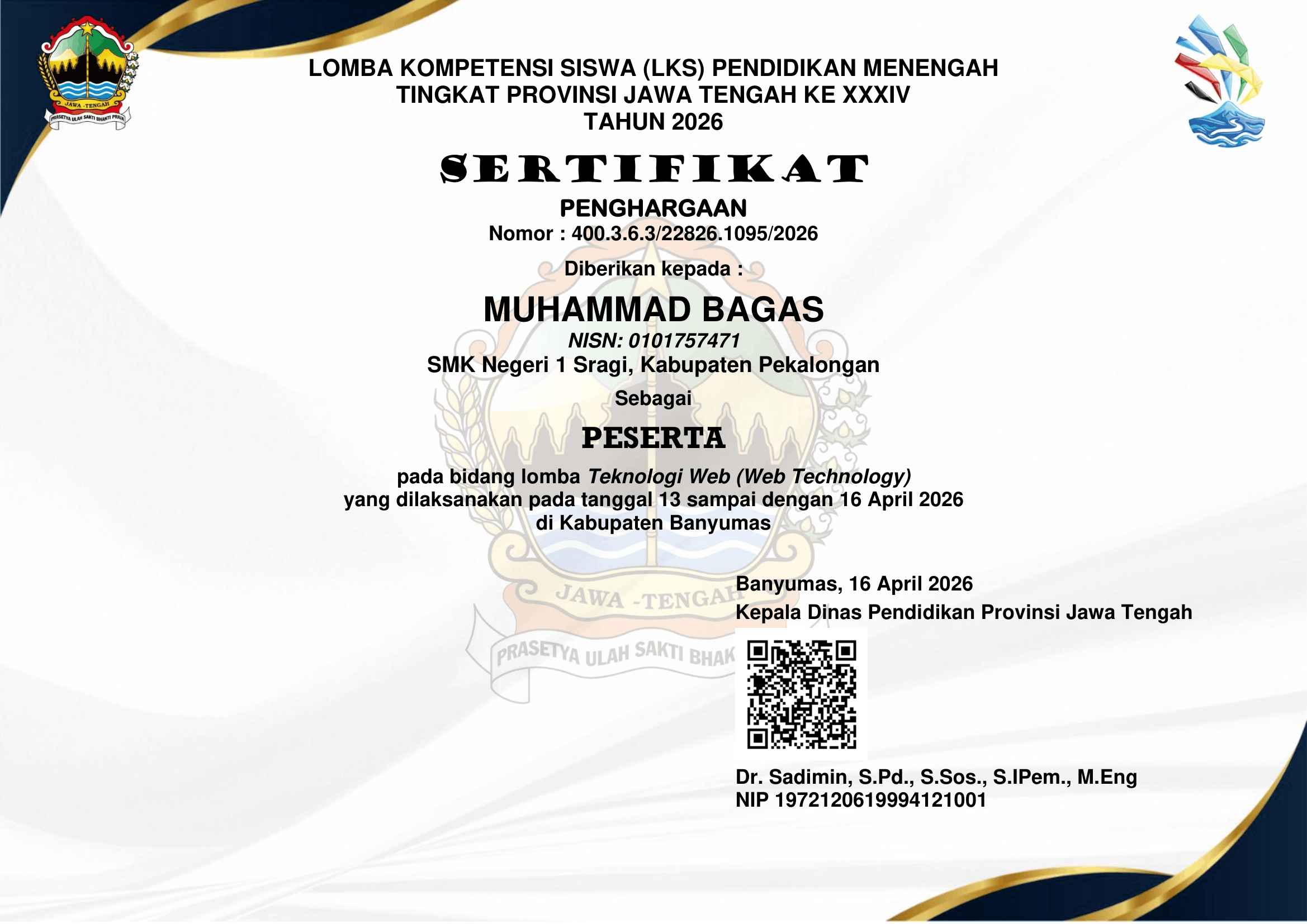 Sertifikat LKS Web Technology Provinsi