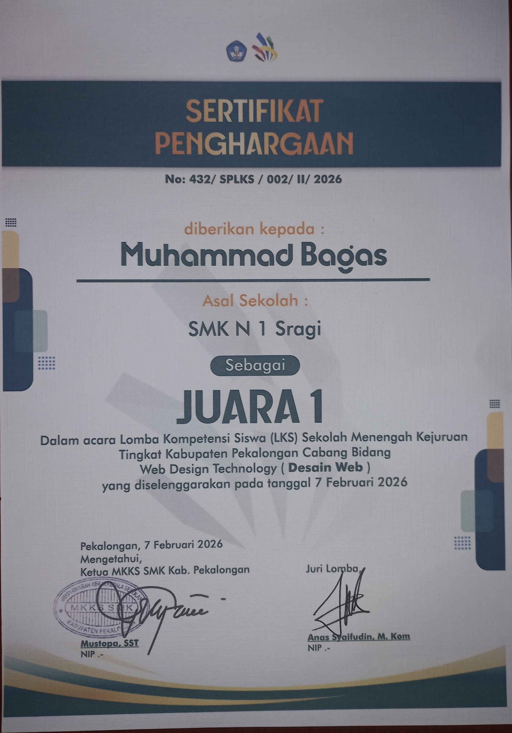 Sertifikat Juara LKS Web Technology Kabupaten
