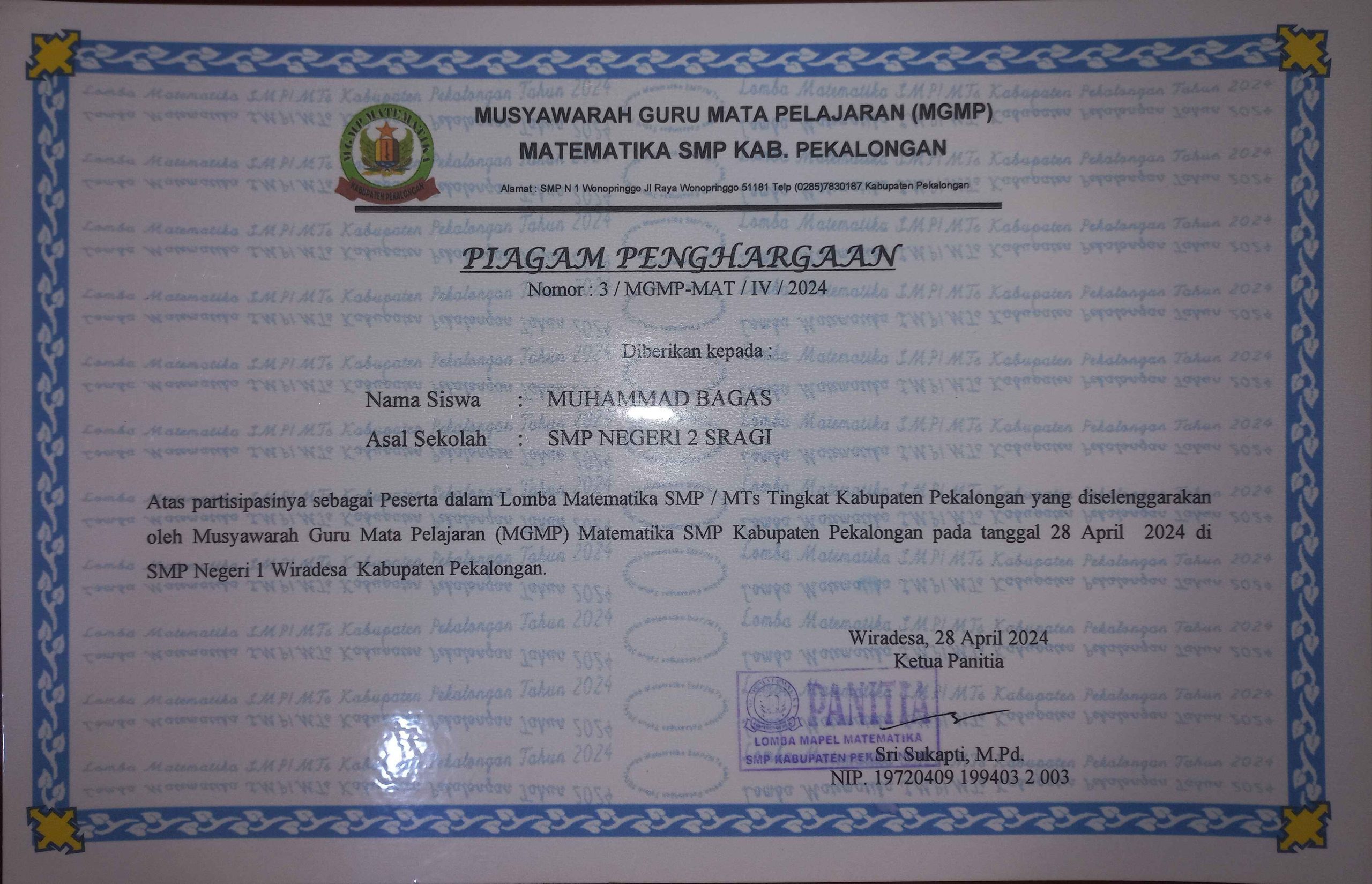 Sertifikat Lomba Matematika Kabupaten