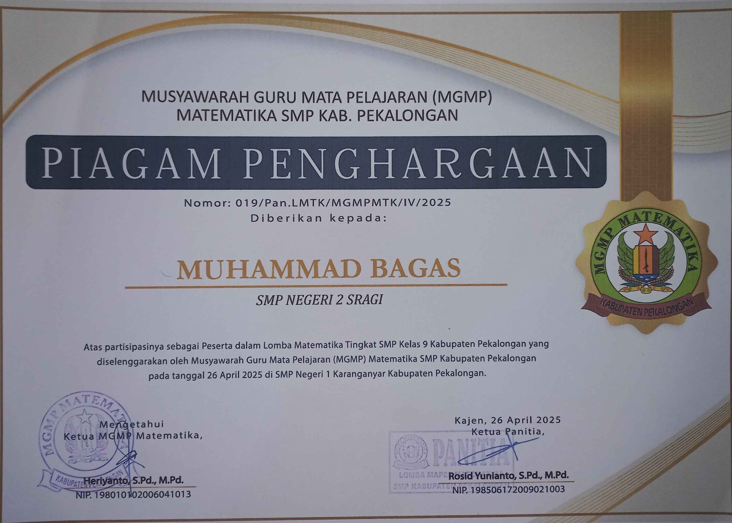 Sertifikat Lomba Matematika Kabupaten