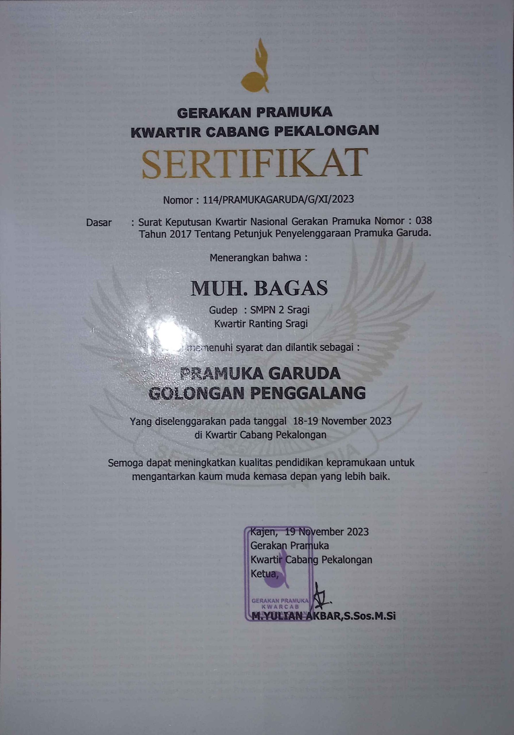 Sertifikat Pramuka Garuda Penggalang